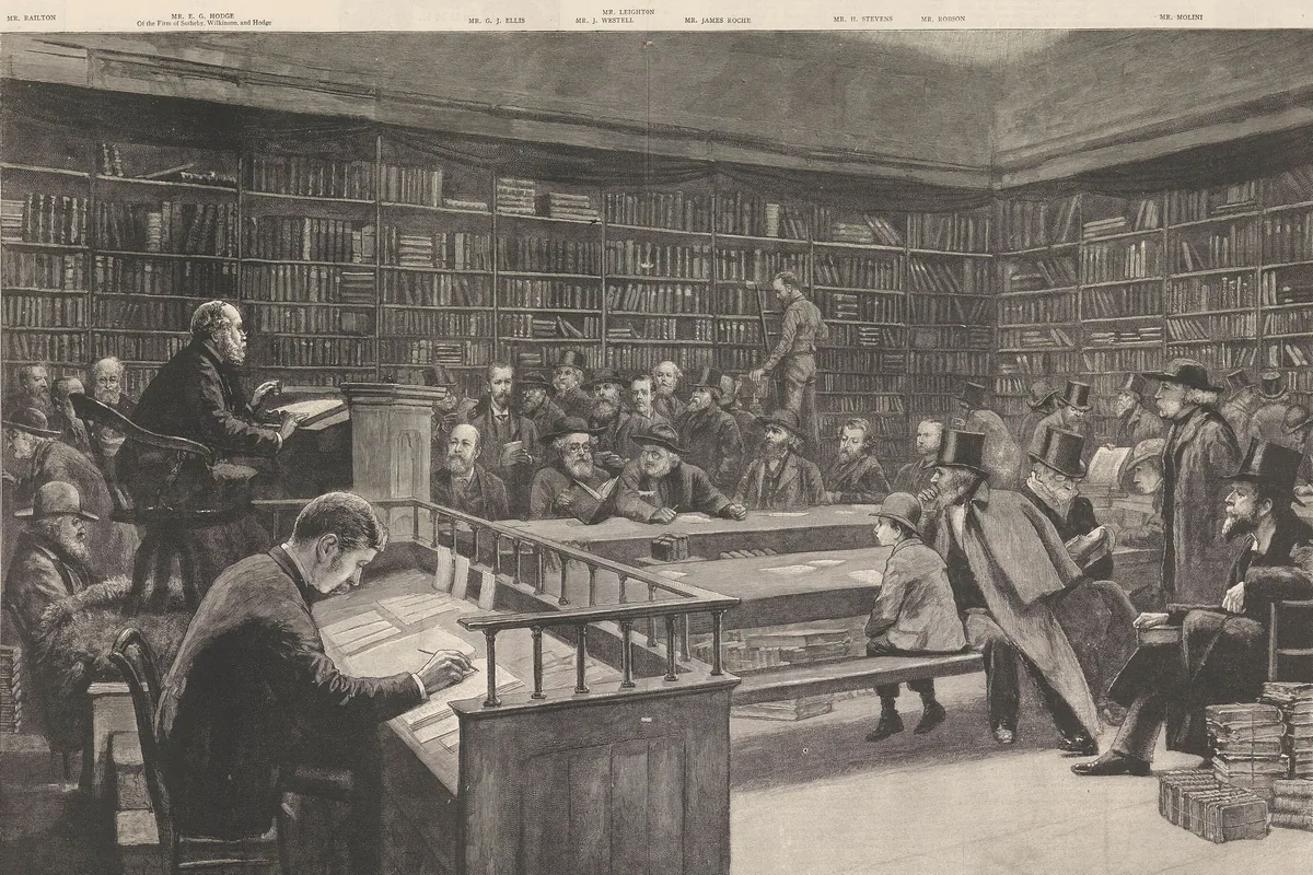 A nineteenth-century engraving of a book sale in Sotheby's auction room