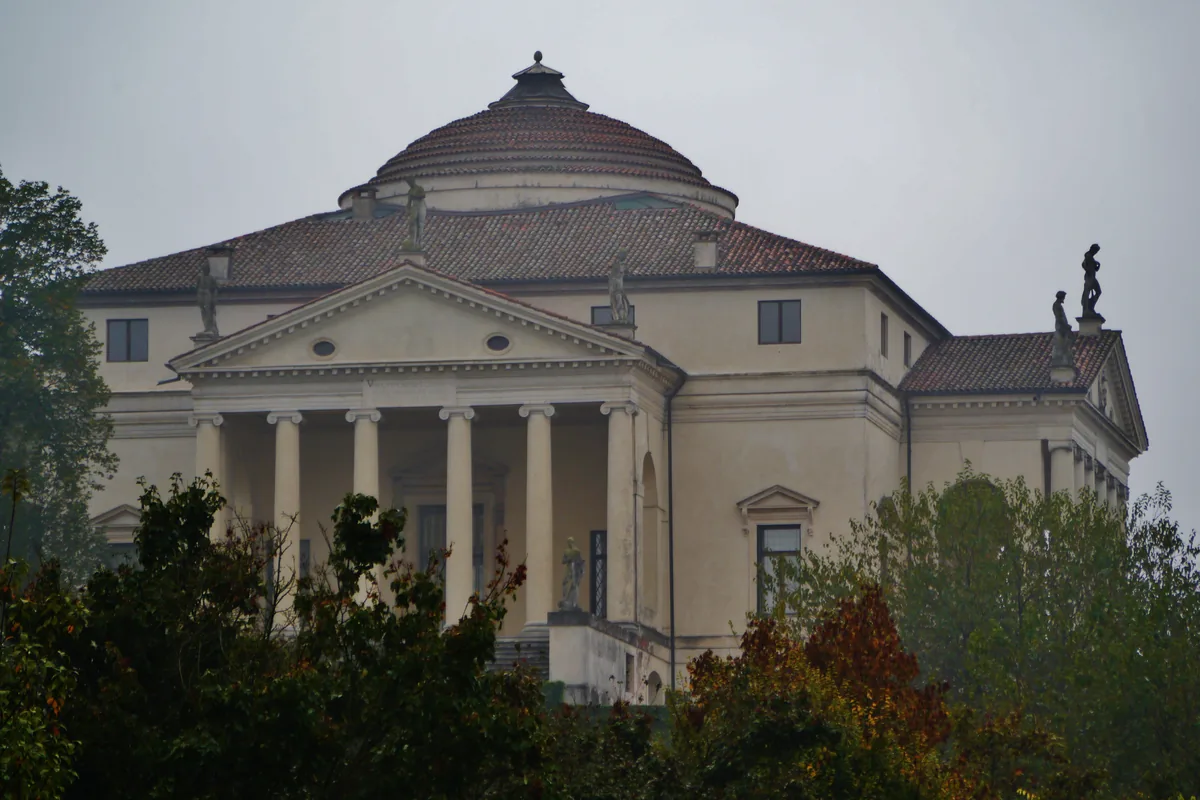Villa La Rotonda near Vicenza, its dome and columned portico rising above autumn trees